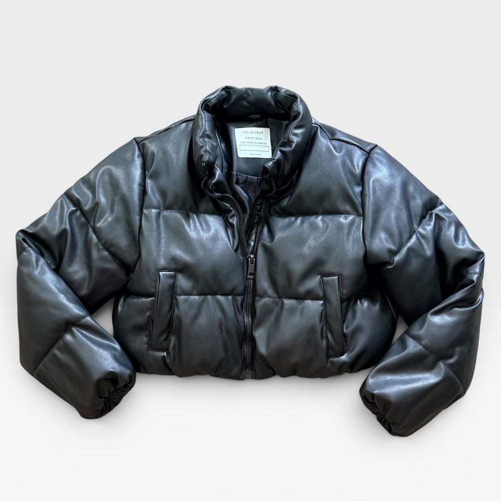 Primark‎ Kids Black Faux Leather Cropped Puffer Jacket Size 8-9 Years 134cm